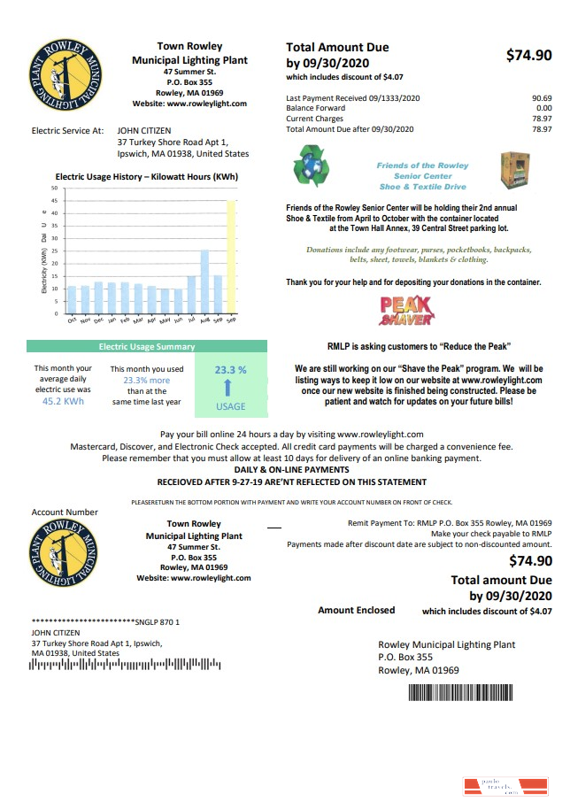 USA Massachusetts Town of Rowley Municipal Lighting Plant electricity utility bill template in Word and PDF format